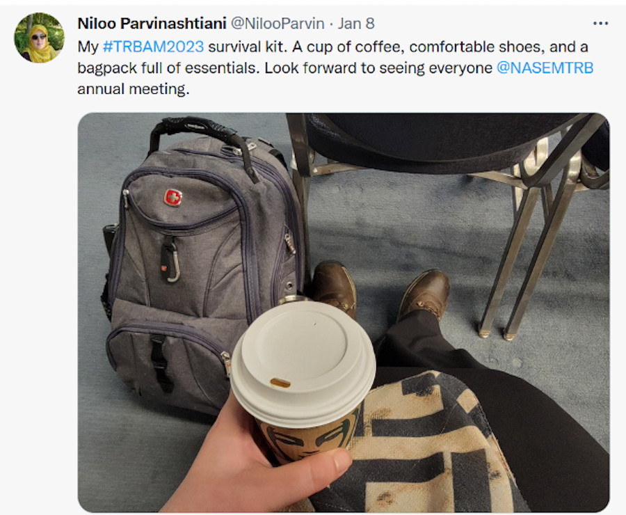 Tweet from Niloo showing backpack and coffee 